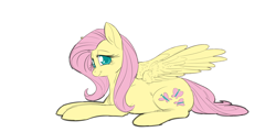Size: 2600x1250 | Tagged: safe, artist:snspony, derpibooru import, edit, fluttershy, pegasus, pony, :t, blushing, colored pupils, cute, female, full body, hooves, lidded eyes, lying down, mare, prone, shyabetes, simple background, smiling, solo, white background, wings
