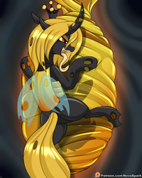 Size: 2000x2500 | Tagged: safe, artist:novaspark, derpibooru import, oc, oc only, oc:gemini, changeling, changeling queen, changeling oc, cocoon, fangs, female, long tongue, solo, tongue, tongue out, yellow changeling