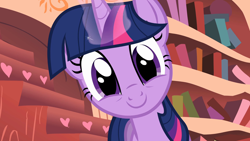 Size: 1920x1080 | Tagged: safe, artist:dashiesparkle, derpibooru import, screencap, twilight sparkle, unicorn twilight, pony, unicorn, look before you sleep, season 1, adorkable, bookworm, cute, dork, golden oaks library, happy, looking at you, magic, reaction image, smiling, solo, telekinesis, twiabetes