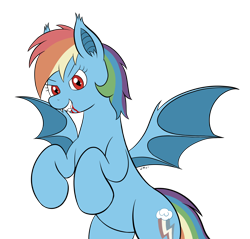 Size: 3162x3028 | Tagged: safe, artist:wapamario63, rainbow dash, bat pony, bipedal, blood, commission, fangs, female, grin, looking at you, mare, solo, spead wings