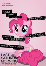 Size: 3307x4677 | Tagged: safe, alternate version, artist:mrkat7214, derpibooru import, pinkie pie, earth pony, pony, cute, diapinkes, female, high res, implied applejack, implied cranky doodle donkey, implied gilda, implied twilight sparkle, last saturday morning with pinkie pie, last week tonight, last week tonight with john oliver, looking at you, mare, one of these things is not like the others, parody, poster, sitting, solo, vector