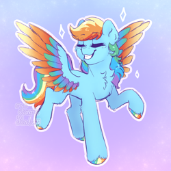 Size: 1500x1500 | Tagged: safe, artist:fanaticpanda, derpibooru import, rainbow dash, pegasus, blushing, cheek fluff, chest fluff, colored hooves, colored wings, cute, dashabetes, ear fluff, ears, eyelashes, eyes closed, gradient background, grin, pose, showing off, simple background, smiling, solo, sparkles, unshorn fetlocks, wings