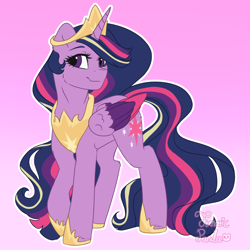 Size: 1500x1500 | Tagged: safe, artist:fanaticpanda, derpibooru import, princess twilight 2.0, twilight sparkle, twilight sparkle (alicorn), alicorn, the last problem, armor, colored wings, crown, female, gradient background, hoof shoes, jewelry, looking sideways, mare, older, older twilight, peytral, rainbow power, redesign, regalia, smiling, solo, white outline, wings