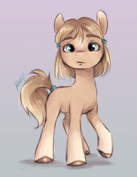 Size: 1182x1534 | Tagged: safe, artist:buttersprinkle, derpibooru import, oc, oc only, oc:sock, earth pony, pony, coat markings, eyebrows, female, gradient background, hair accessory, hairpin, hairtie, hooves, ponysona, raised hoof, raised leg, simple background, socks (coat marking), solo