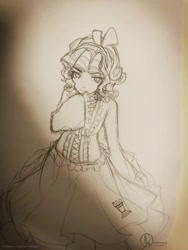 Size: 1500x2000 | Tagged: safe, artist:mohnte-x, derpibooru import, cozy glow, human, clothes, dress, golly loli, humanized, lolita fashion, monochrome, sketch, solo