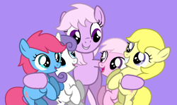 Size: 1003x598 | Tagged: safe, artist:jigglewiggleinthepigglywiggle, derpibooru import, baby cotton candy, baby cuddles, baby glory, baby lofty, lickety split, lickety-split, earth pony, pegasus, pony, unicorn, g1, g4, baby, baby cottoncandybetes, baby glorybetes, baby loftybetes, baby ponies, baby pony, base used, cuddlebetes, cute, female, filly, foal, g1 licketybetes, g1 to g4, generation leap, grin, group, group hug, hooves, hug, mare, no freckles, open mouth, open smile, purple background, simple background, smiling