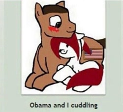 Size: 1079x985 | Tagged: artist needed, safe, derpibooru import, oc, earth pony, pony, american flag, barack obama, blushing, cuddling, deviantart, duo, earth pony oc, every day we stray further from god's light, female, male, mare, meme, ponified, simple background, stallion, straight, white background