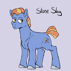 Size: 768x768 | Tagged: safe, artist:smirk, derpibooru import, oc, oc only, oc:stone slag, earth pony, pony, blue background, earth pony oc, fluffy, frown, full body, hooves, lidded eyes, simple background, solo, standing, tail, unshorn fetlocks