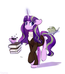 Size: 4898x5584 | Tagged: safe, artist:laymy, derpibooru import, starlight glimmer, pony, unicorn, absurd resolution, alternate hairstyle, book, cake, clothes, cup, cute, female, flower, food, glimmerbetes, looking at you, loose hair, magic, mare, raised hoof, raised leg, redesign, s5 starlight, simple background, solo, spoon, sweater, teacup, telekinesis, white background