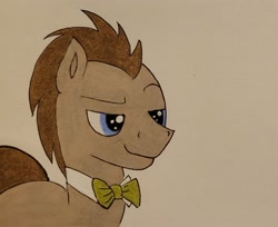 Size: 1724x1405 | Tagged: safe, artist:polar_storm, derpibooru import, doctor whooves, earth pony, pony, blue eyes, bowtie, colored, male, simple background, smiling, smug, solo, stallion, traditional art, white background