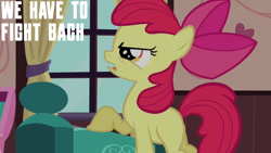 Size: 1280x720 | Tagged: safe, derpibooru import, edit, edited screencap, editor:quoterific, screencap, apple bloom, earth pony, pony, one bad apple, season 3, apple bloom's bow, bow, female, filly, foal, hair bow, open mouth, solo, text