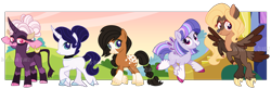 Size: 5362x1762 | Tagged: safe, artist:interstellar-quartz, derpibooru import, oc, oc only, oc:alouette, oc:cordelia, oc:spiral starchatcher, oc:velvet streak, oc:wildflower, cow, cow pony, deer, deer pony, earth pony, original species, pegasus, peryton, pony, unicorn