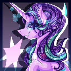 Size: 2500x2500 | Tagged: safe, artist:0daimon0, derpibooru import, starlight glimmer, pony, unicorn, cutie mark, eyelashes, female, gray background, horn, mare, purple eyes, purple mane, shadow, simple background, smiling, solo, teeth