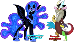 Size: 1280x722 | Tagged: safe, artist:missbramblemele, derpibooru import, discord, nightmare moon, alicorn, draconequus, pony, antagonist, best pony, duo, grin, name, simple background, smiling, transparent background, vector, villainess