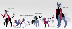 Size: 4816x1952 | Tagged: safe, artist:ryrxian, derpibooru import, oc, oc only, centaur, pegasus, pony, taur, unicorn, eyelashes, horn, offspring, parent:double diamond, parent:king sombra, parent:princess luna, parent:rainbow dash, parent:rarity, parent:soarin', parent:tirek, parents:lumbra, parents:soarindash, pegasus oc, simple background, unicorn oc, white background, wings