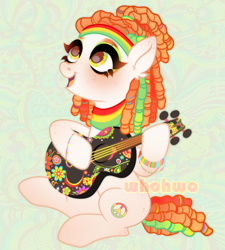 Size: 1994x2216 | Tagged: safe, artist:whohwo, derpibooru import, oc, oc only, earth pony, pony, base used, bracelet, dreadlocks, earth pony oc, eyelashes, female, guitar, hippie, jewelry, looking up, mare, musical instrument, smiling, solo