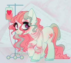 Size: 3574x3156 | Tagged: safe, artist:whohwo, derpibooru import, oc, oc only, earth pony, pony, abstract background, bandage, base used, ear fluff, ears, earth pony oc, eyelashes, female, heart, iv drip, makeup, mare, raised hoof, raised leg, smiling, solo, unshorn fetlocks