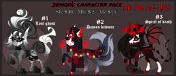 Size: 4750x2050 | Tagged: safe, artist:henorinya, derpibooru import, oc, oc only, demon, demon pony, pony, base used, bat wings, choker, eyelashes, female, hoof polish, horns, makeup, mare, raised hoof, raised leg, reference sheet, smiling, wings