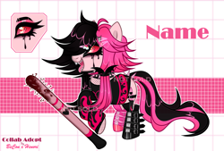 Size: 4000x2700 | Tagged: safe, artist:henorinya, derpibooru import, oc, oc only, earth pony, pony, base used, baseball bat, boots, clothes, earth pony oc, eyelashes, female, goth, makeup, mare, red eyes, reference sheet, running makeup, shoes, smiling, solo, tongue, tongue out