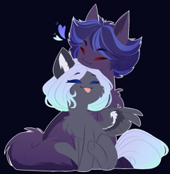 Size: 1059x1085 | Tagged: safe, artist:purplegrim40, derpibooru import, oc, oc only, pegasus, pony, chest fluff, cuddling, dark background, duo, female, mare, oc x oc, pegasus oc, shipping, sitting