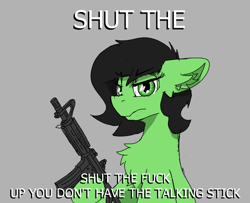 Size: 684x556 | Tagged: safe, artist:reddthebat, ponerpics import, oc, oc only, oc:anon filly, pony, angry, female, filly, foal, gun, hoof hold, simple background, solo, text, weapon