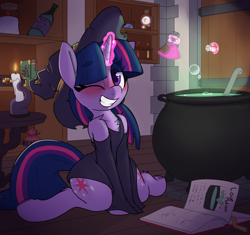 Size: 1936x1820 | Tagged: safe, artist:lockheart, derpibooru import, edit, twibooru import, twilight sparkle, unicorn twilight, ghost, pony, semi-anthro, undead, unicorn, adorkable, blushing, bone hurting juice, boo (super mario), book, candle, cauldron, chest fluff, clothes, colored horn, curved horn, cute, disembodied horn, dork, dress, eye clipping through hair, female, hat, horn, image, leg fluff, levitation, love potion, magic, mare, one eye closed, png, potion, shoulder fluff, sitting, smiling, solo, sombra's horn, super mario bros., telekinesis, twiabetes, underhoof, wingless, wingless edit, wink, witch, witch hat