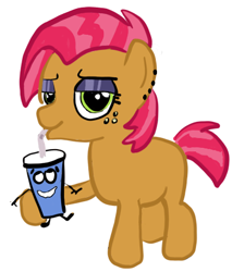 Size: 380x447 | Tagged: safe, artist:anonymous, derpibooru import, babs seed, earth pony, pony, cup, drinking, ear piercing, eyeshadow, lidded eyes, looking at you, makeup, piercing, simple background, smiling, solo, white background