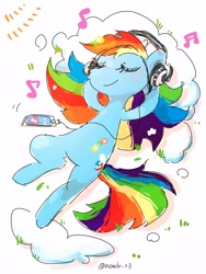 Size: 2400x3200 | Tagged: safe, artist:nendo, derpibooru import, rainbow dash, pegasus, cellphone, eyes closed, headphones, hooves behind head, listening to music, lying down, music notes, on back, phone, smartphone, solo