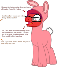 Size: 1459x1564 | Tagged: safe, artist:ngthanhphong, derpibooru import, oc, oc only, oc:ruby star, earth pony, pony, animal costume, bunny costume, clothes, costume, easter bunny, glasses, offscreen character, simple background, text, transparent background