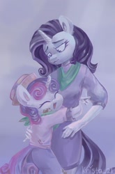 Size: 793x1200 | Tagged: safe, artist:krista-21, derpibooru import, rarity, sweetie belle, anthro, unicorn, sisterhooves social, clothes, cute, dirty, duo, eyes closed, female, filly, foal, hat, hug, looking at someone, looking down, mare, open mouth, open smile, sibling love, siblings, simple background, sisterly love, sisters, smiling