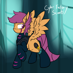 Size: 750x750 | Tagged: safe, artist:conmanwolf, derpibooru import, scootaloo, pegasus, pony, fanfic:rainbow factory, absentia, absentia's cutie mark, cyberpunk, ear fluff, ears, factory scootaloo, fanfic art, female, frown, looking back, messy mane, raised hoof, raised leg, solo, spread wings, wings