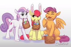 Size: 1800x1200 | Tagged: safe, artist:silentwulv, derpibooru import, apple bloom, scootaloo, sweetie belle, earth pony, pegasus, pony, unicorn, adorabloom, basket, bunny ears, candy, cute, cutealoo, cutie mark crusaders, diasweetes, easter egg, eating, female, filly, foal, food, mouth hold, trio