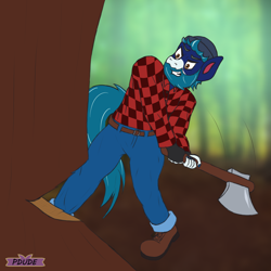 Size: 3000x3000 | Tagged: safe, artist:pdude, derpibooru import, anthro, axe, beanie, boots, clothes, hat, jeans, lumberjack, male, pants, shoes, sketch, weapon