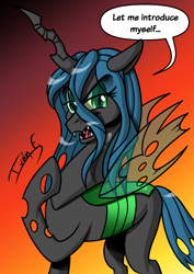 Size: 2481x3508 | Tagged: safe, artist:memprices, derpibooru import, queen chrysalis, changeling, changeling queen, canterlot wedding 10th anniversary, comic style, eye clipping through hair, eyebrows, eyebrows visible through hair, female, gradient background, high res, hoof on chest, looking at you, open mouth, open smile, shading, signature, smiling, smiling at you, solo, speech bubble, talking to viewer, text