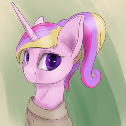 Size: 2160x2160 | Tagged: safe, artist:tenebrisnoctus, derpibooru import, princess cadance, alicorn, pony, canterlot wedding 10th anniversary, bust, clothes, looking at you, portrait, simple background, smiling, sweater, younger