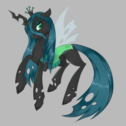 Size: 1000x1000 | Tagged: safe, artist:sphexvirart, derpibooru import, queen chrysalis, alicorn, changeling, changeling queen, canterlot wedding 10th anniversary, crown, female, gray background, jewelry, looking at you, regalia, simple background, smiling