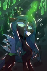 Size: 1080x1620 | Tagged: safe, artist:dinxart, derpibooru import, queen chrysalis, changeling, canterlot wedding 10th anniversary, glowing, glowing horn, heart, horn, smiling, solo