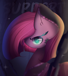 Size: 2050x2300 | Tagged: safe, artist:miryelis, derpibooru import, pinkie pie, earth pony, pony, chains, cute, cuteamena, female, green eyes, looking at you, pinkamena diane pie, serious, short hair, solo, text, transformation