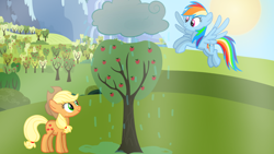 Size: 1280x720 | Tagged: safe, artist:mlplary6, derpibooru import, applejack, rainbow dash, earth pony, pegasus, pony, apple, apple tree, cloud, earth day, female, mare, rain, smiling, sun, tree