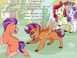 Size: 1280x960 | Tagged: safe, artist:itsvoids, derpibooru import, apple bloom, scootaloo, sweetie belle, tender taps, earth pony, pegasus, pony, unicorn, on your marks, alternate design, alternate universe, brother and sister, colt, cutie mark crusaders, dialogue, female, filly, foal, male, missing cutie mark, question mark, siblings, spread wings, wings
