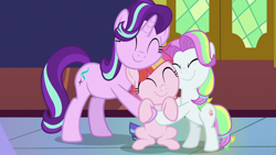 Size: 1280x720 | Tagged: safe, derpibooru import, screencap, coconut cream, starlight glimmer, toola roola, earth pony, pony, unicorn, fame and misfortune, :t, ^^, c:, cheek squish, coconut cute, cute, daaaaaaaaaaaw, eyes closed, female, filly, foal, glimmerbetes, group hug, hnnng, hug, mare, multicolored hair, multicolored mane, roolabetes, smiling, squishy cheeks, trio, trio female, twilight's castle, weapons-grade cute