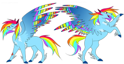 Size: 1280x659 | Tagged: safe, artist:itsvoids, derpibooru import, rainbow dash, pegasus, pony, bandaid, colored wings, feathered fetlocks, female, mare, missing cutie mark, multicolored wings, older, older rainbow dash, rainbow wings, rearing, simple background, solo, spread wings, transparent background, wings