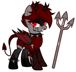 Size: 971x928 | Tagged: safe, artist:idkhesoff, derpibooru exclusive, derpibooru import, oc, oc only, oc:lucy fair, bat pony, demon, demon pony, pony, anklet, armor, bat pony oc, blood, choker, clothes, coat markings, crying, devil, devil horns, devil tail, female, grin, horns, jewelry, lip piercing, mare, nose piercing, nose ring, piercing, pitchfork, simple background, smiling, snake bites, socks, solo, spiked choker, stockings, tail, tears of blood, thigh highs, transparent background