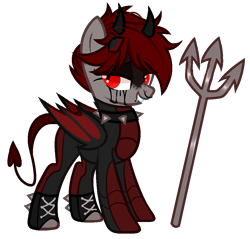 Size: 971x928 | Tagged: safe, artist:idkhesoff, derpibooru exclusive, derpibooru import, oc, oc only, oc:lucy fair, bat pony, demon, demon pony, pony, armor, bat pony oc, blood, boots, choker, coat markings, crying, devil, devil horns, devil tail, female, grin, horns, lip piercing, mare, nose piercing, nose ring, piercing, pitchfork, shoes, simple background, smiling, snake bites, solo, spiked choker, tail, tears of blood, transparent background