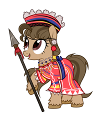 Size: 2286x2772 | Tagged: safe, artist:idkhesoff, derpibooru import, oc, oc only, oc:ligaya, earth pony, pony, clothes, ear piercing, earring, earth pony oc, female, filipino, full body, hat, high res, hoof hold, jewelry, mare, necklace, open mouth, open smile, piercing, shirt, show accurate, simple background, skirt, smiling, solo, spear, standing, transparent background, unshorn fetlocks, weapon