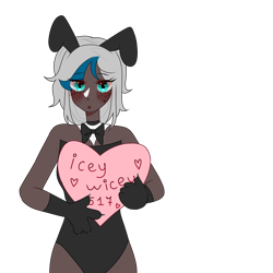 Size: 2800x2800 | Tagged: safe, artist:idkhesoff, derpibooru import, oc, oc only, oc:elizabat stormfeather, human, blushing, bowtie, bunny ears, bunny suit, clothes, corset, dark skin, easter, female, gloves, heart, holiday, humanized, humanized oc, pillow, playboy, playboy bunny, simple background, transparent background