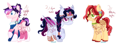 Size: 1600x572 | Tagged: safe, artist:blauyblu, artist:mint-light, derpibooru import, oc, oc only, bat pony, earth pony, pony, unicorn, base used, cloak, clothes, collar, colored pupils, ear piercing, earring, ethereal mane, female, jewelry, male, mare, offspring, parent:big macintosh, parent:flash sentry, parent:fluttershy, parent:king sombra, parent:princess luna, parent:twilight sparkle, parents:flashlight, parents:fluttermac, parents:lumbra, piercing, simple background, stallion, starry mane, tiara, traditional art, transparent background, trio, watermark