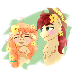 Size: 1024x1024 | Tagged: safe, artist:shimmerharmony4215, derpibooru import, bright mac, pear butter, earth pony, pony, brightbutter, bust, chest fluff, ear fluff, ears, eyes closed, female, flower, flower in hair, male, mare, shipping, simple background, smiling, stallion, straight, transparent background, unshorn fetlocks