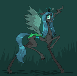 Size: 3508x3480 | Tagged: safe, artist:paskanaakka, derpibooru exclusive, derpibooru import, queen chrysalis, changeling, changeling queen, canterlot wedding 10th anniversary, abstract background, female, grin, raised hoof, raised leg, skinny, smiling, solo