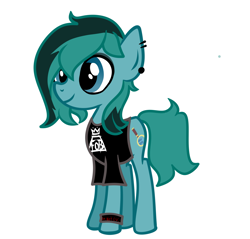 Size: 2895x2766 | Tagged: safe, alternate version, artist:alandisc, derpibooru import, oc, oc only, oc:max crow, earth pony, pony, base used, bracelet, clothes, ear piercing, earth pony oc, eyeliner, jewelry, makeup, male, piercing, shirt, show accurate, simple background, smiling, solo, teenager, two toned mane, white background